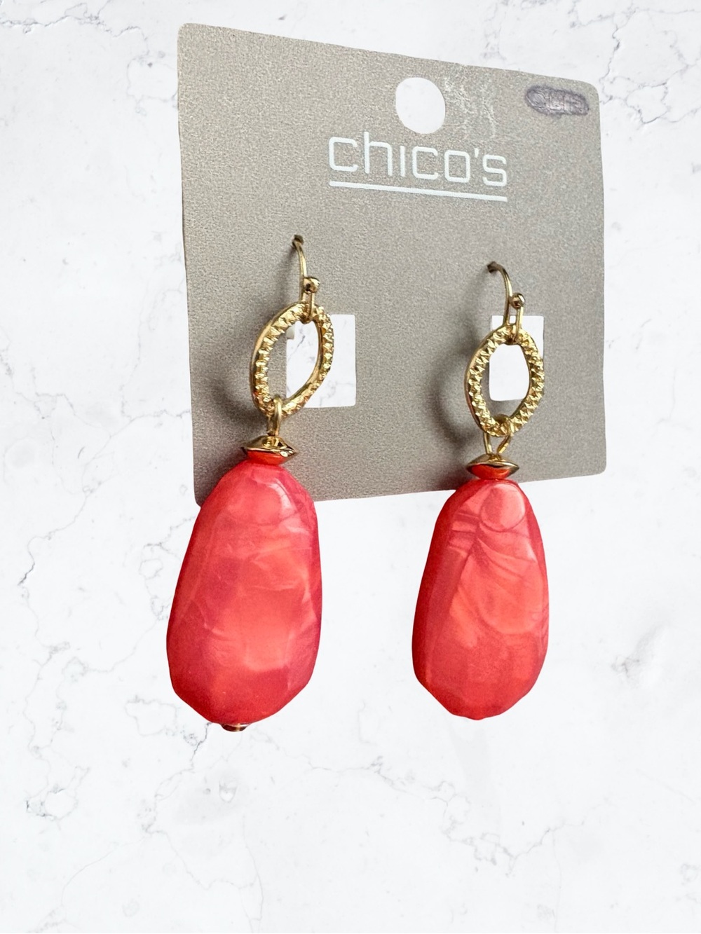 Chico's Gold and Coral Red Teardrop Earrings - Picture 2 of 2